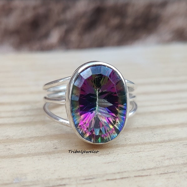 Mystic Topaz Ring for Women, 925 Sterling Silver Ring, Designer Oval Mystic Topaz Ring, Textured Ring, Gift for her, Free Shipping