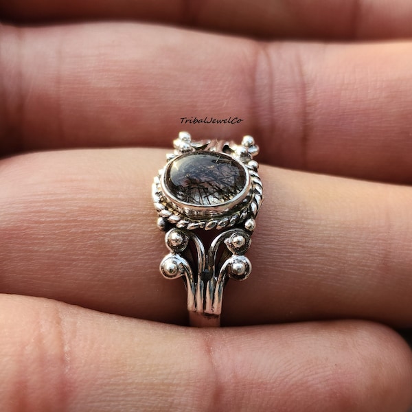 Ring zwarte rutielkwarts: 925 sterlingzilver, gouden rutiel