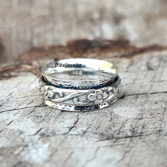 Sterling Silver Spinner Ring: Handmade Floral Meditation Fidget Ring