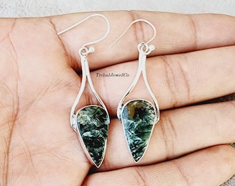 Handmade Seraphinite Earrings: 925 Sterling Silver Dangle Jewelry