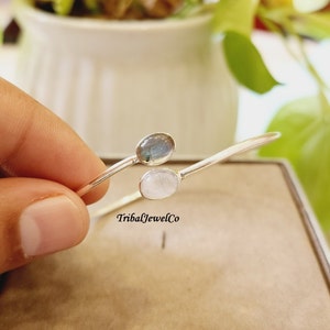 Labradorite Moonstone Bangle: Sterling Silver Adjustable Open Cuff