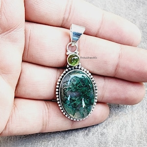Handmade Moss Agate Pendant in Sterling Silver: Gemstone Necklace
