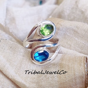 Adjustable Peridot & Blue Topaz Ring, 925 Sterling Silver Handmade Ring