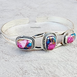 Pink Oyster Turquoise Bangle: Sterling Silver Statement Jewelry