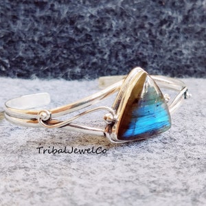 Labradorite Statement Bangle, Free Size Stone, Bridesmaid Bracelet, Dress Bangle, Anniversary Gift, Valentine & Christmas Gift, Tribal Art