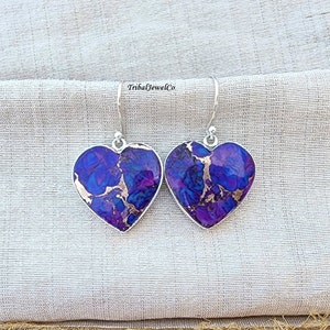 Heart Shaped Purple Copper Turquoise Earrings for Women, Handmade Earrings for Her, Silver Earrings, Gemstone Earrings, Earrings Jewelry