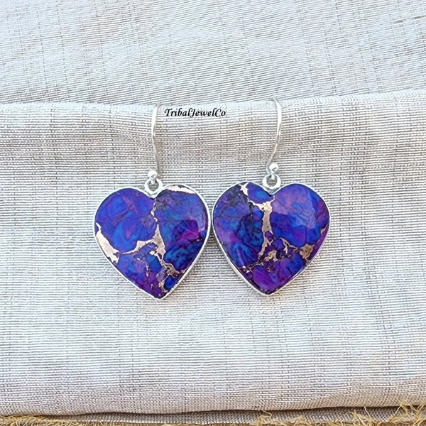 Heart Shaped Purple Copper Turquoise Earrings for Women, Handmade Earrings for Her, Silver Earrings, Gemstone Earrings, Earrings Jewelry