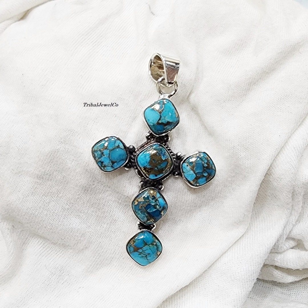 Pendentif Croix En Argent Sterling 925 Avec Turquoise - Fait Main, Pierre Bleue 8mm, Nouvelle Fabrication