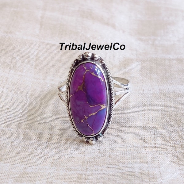 Purple Copper Turquoise Ring, 925 Sterling Silver, Women Ring, Gift For Her, Handmade Ring, All Occasion Ring, Healing Ring, Wanderlust Ring