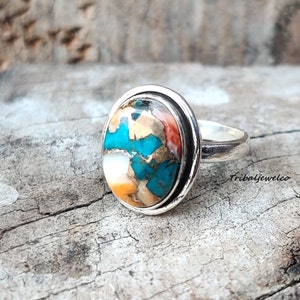 Oyster Copper Turquoise, Solid 925 Sterling, Silver Ring For Women, Handmade Ring, Oyster Oval Stone Ring, Anniversary Gift, Gift For Her