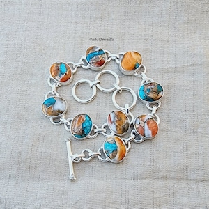 Austern-Kupfer-Türkis-Massivholz 925er Sterlingsilber-Armband für Frauen Handgemachtes Mix-Austernstein-Armband für Hochzeitsjubiläum Geschenk für sie