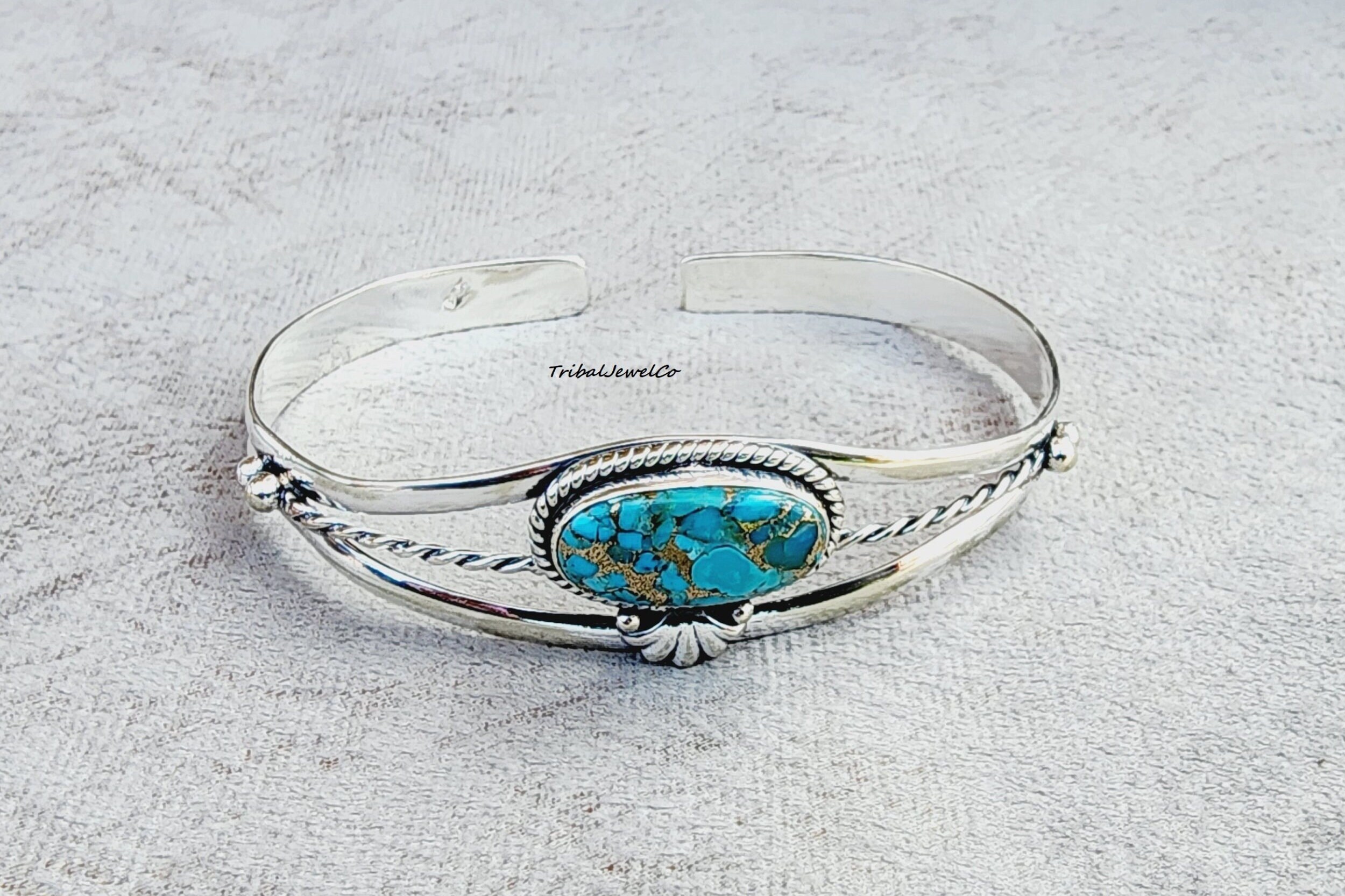Blue Copper Turquoise Bracelet: Handmade 925 Sterling Silver