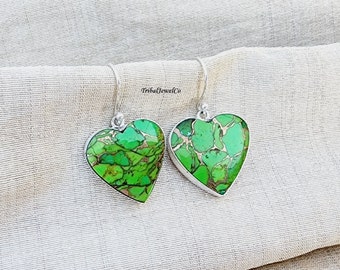 Heart Shaped Green Copper Turquoise Earrings for Women, Handmade Earrings for Her, Silver Earrings, Gemstone Earrings, Earrings Jewelry