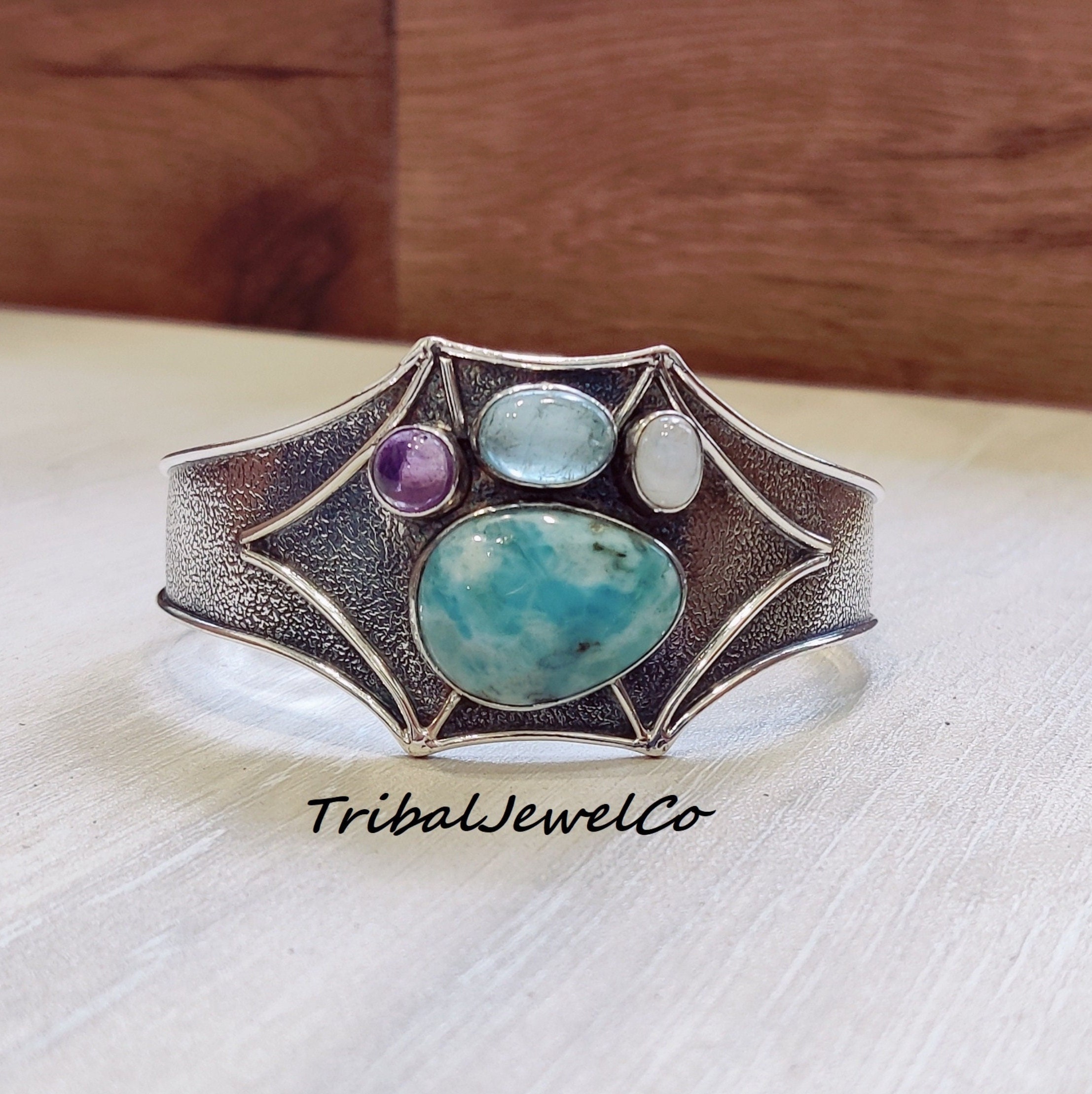 Larimar RI-5893 - Bracciale Rigido In Argento Sterling 925 Fatto A Mano Con Pietre Preziose