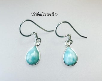 May include: A pair of silver dangle earrings with teardrop-shaped blue and white gemstone drops. The earrings are marked "TribalJewelCo".
