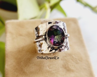 Mystic Topaz Ring for Women, 925 Sterling Silver Ring, Designer Oval Mystic Topaz Ring, Textured Ring, Gift for her, Free Shipping