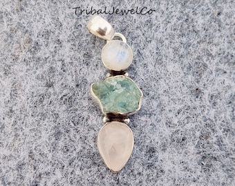 Moonstone Sterling Silver Pendant: Aquamarine & Rose Quartz