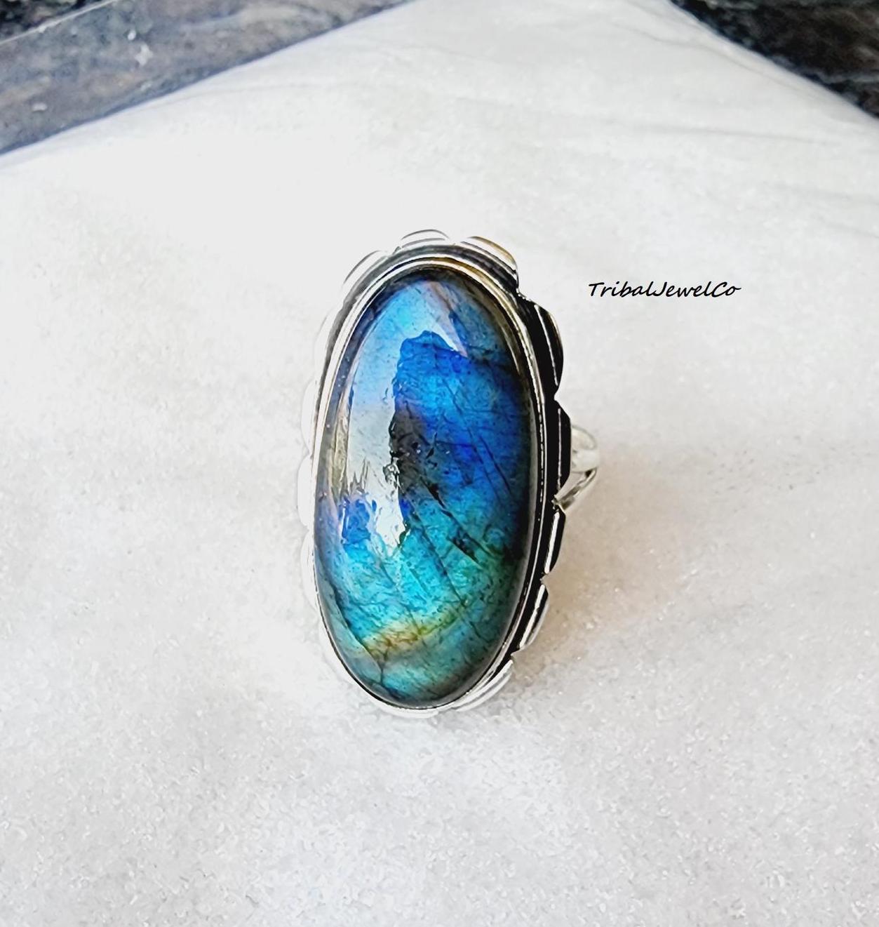 Bague En Argent 925 Avec Pierre De Labradorite - Taille 57 (US 8), Design Sobre