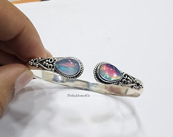 Aurora Opal Bracelet: 925 Sterling Silver Adjustable Cuff