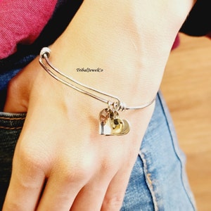 Sterling Silver Bangle: Two Hearts Charm, Adjustable Bracelet