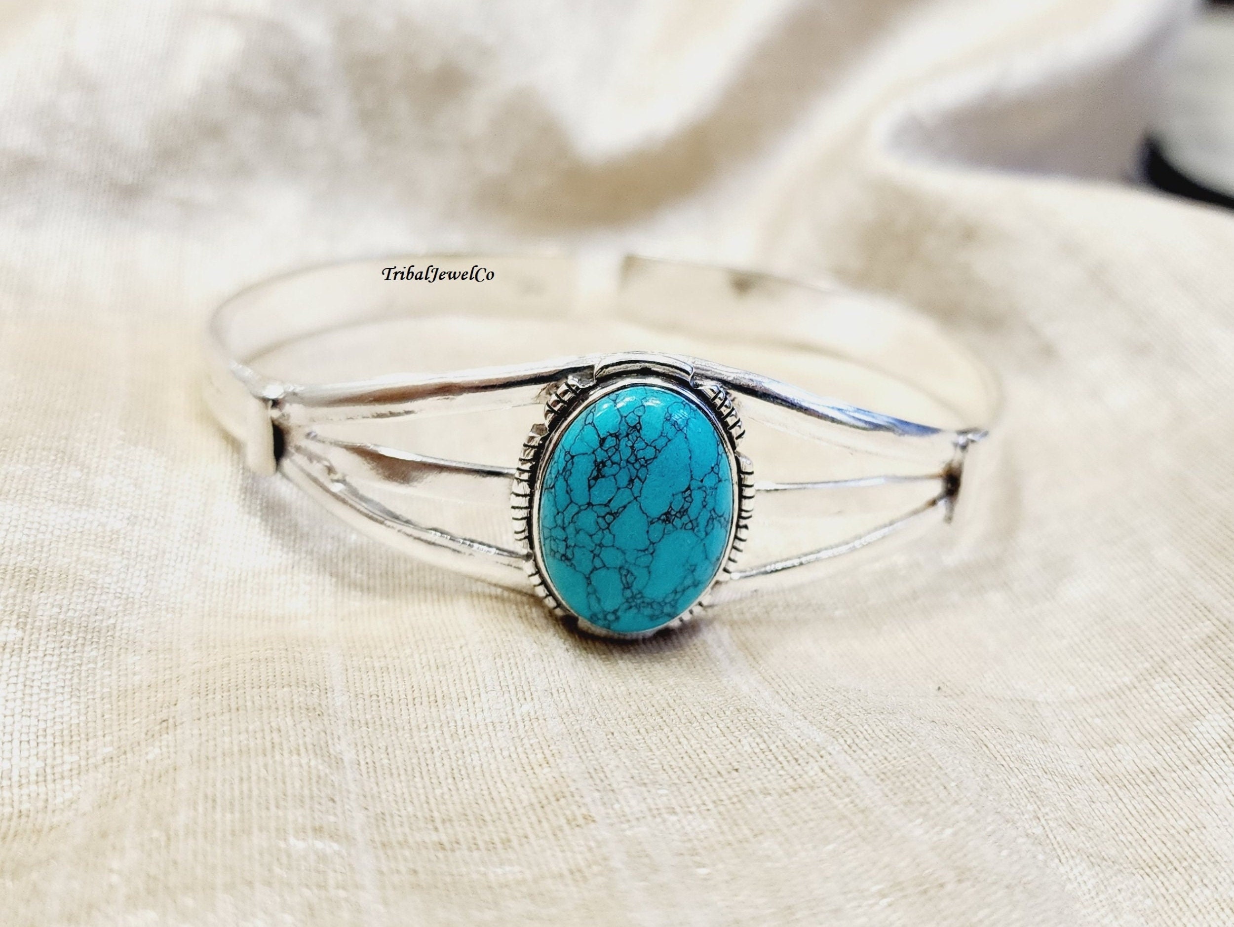 ハンドメイド925シルバーターコイズバングル：ステートメントカフ