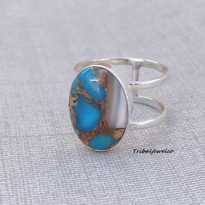 Oyster Copper Turquoise, Solid 925 Sterling, Silver Ring For Women, Handmade Ring, Oyster Oval Stone Ring, Anniversary Gift, Gift For Her
