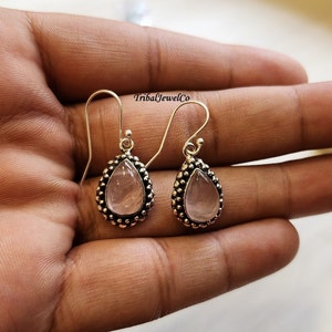 Handmade Rose Quartz Earrings: 925 Sterling Silver Pear Gemstone