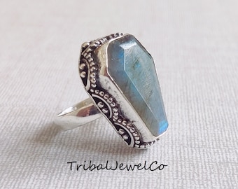 Coffin Labradorite Ring: Handmade Sterling Silver Gemstone Ring