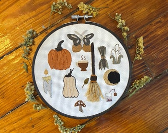 Autumn Harvest Embroidery: Witch, pumpkins, broomsticks