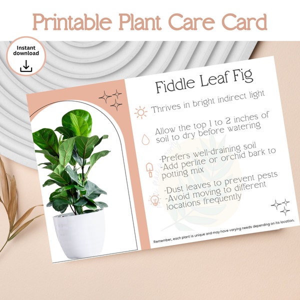 Fiddle Leaf Fig Plant Care Instruction Printable - Instant Download Plant Care Card, Indoor Plant Care, Watering Chart, Houseplant Care
