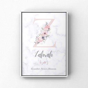 Floral personalised initial name print with name in Arabic and meaning. image 2