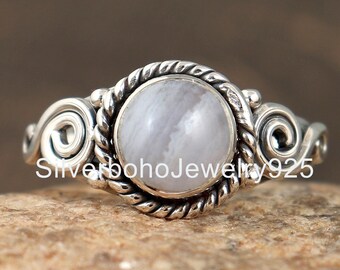 Sterling Silver Blue Lace Agate Ring: Round Gemstone, Women's Wedding Jewelry