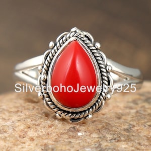 Red Coral Ring, Gemstone Ring, Coral Stone Ring 925 Silver Ring, Birthstone Ring, Pear Stone Ring, Red Coral Jewelry,Dainty Ring, Women Ring