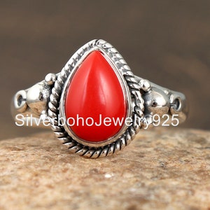 Red Coral Ring, Gemstone Ring, Coral Stone Ring 925 Silver Ring, Birthstone Ring, Pear Stone Ring, Red Coral Jewelry,Dainty Ring, Women Ring