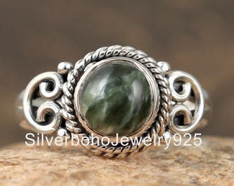 Green Serphinite Ring, Gemstone Ring, Handmade Ring, Round Stone Ring, Seraphinite Ring, Antique Ring, Women Ring, 925 Silver Ring, Gift Her