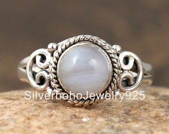 Sterling Silver Blue Lace Agate Ring: Round Gemstone, Women's Wedding Jewelry