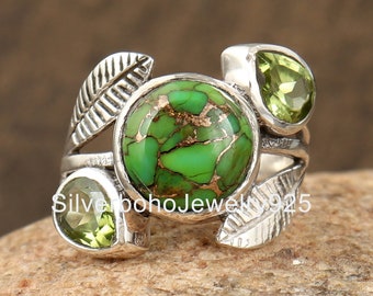 Green Copper Turquoise Ring: Sterling Silver Peridot Gemstone Ring