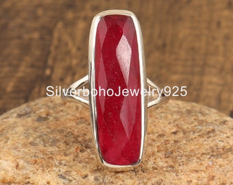 Red Jade Sterling Silver Ring: Handmade Rectangle Gemstone Ring