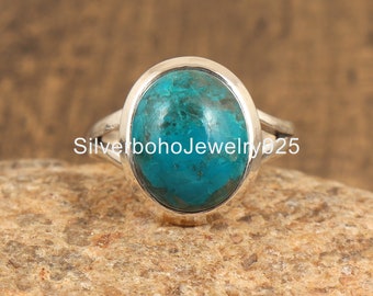 Chrysocolla Ring: Oval Cabochon, Bohemian 925 Sterling Silver
