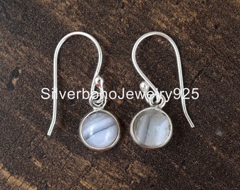 Blue Lace Agate Sterling Silver Earrings: Handmade Round Dangles