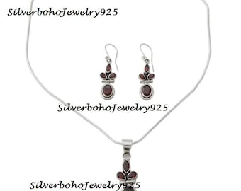 Collana con ciondolo in granato naturale e orecchino, gioielli in argento sterling 925