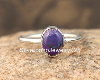 Purple Copper Turquoise Ring: Dainty Bezel Sterling Silver Ring