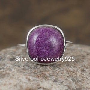 Handmade Sterling Silver Stichtite Ring: Cushion Cabochon Gemstone