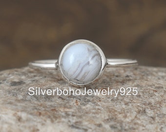 Natural Blue Agate Ring , Agate Cabochon Ring , Sterling Silver Jewelry , Agate Minimalist Round Ring , Winter Ring , Blue Agate Jewelry