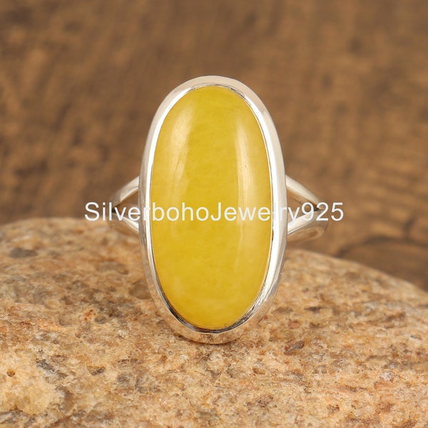 Bague en jade jaune, bague en argent 925 pour femme, bague en jade, bague solitaire avec pierre, bague en pierre précieuse, longues bagues ovales en jade pour femme