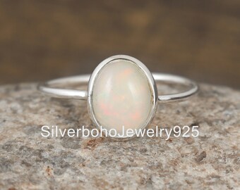 Ethiopian Opal Ring: Oval Cabochon, 925 Sterling Silver, Boho Jewelry