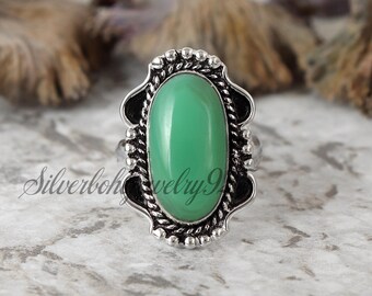 Natural Chrysoprase Ring: Green Cabochon, 925 Sterling Silver