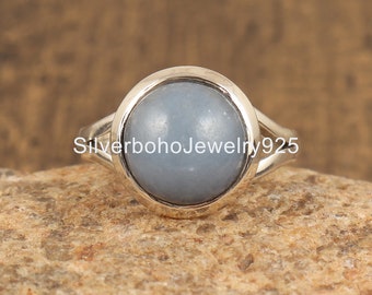 Handmade Sterling Silver Angelite Ring: Round Cabochon Gemstone