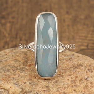 Aqua Jade Sterling Silver Ring: Rectangle Cut Stone Boho Ring