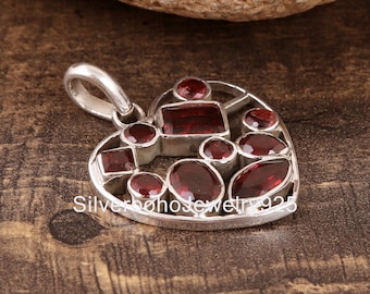 Oxidized Sterling Silver Garnet Pendant - Boho Heart Jewelry
